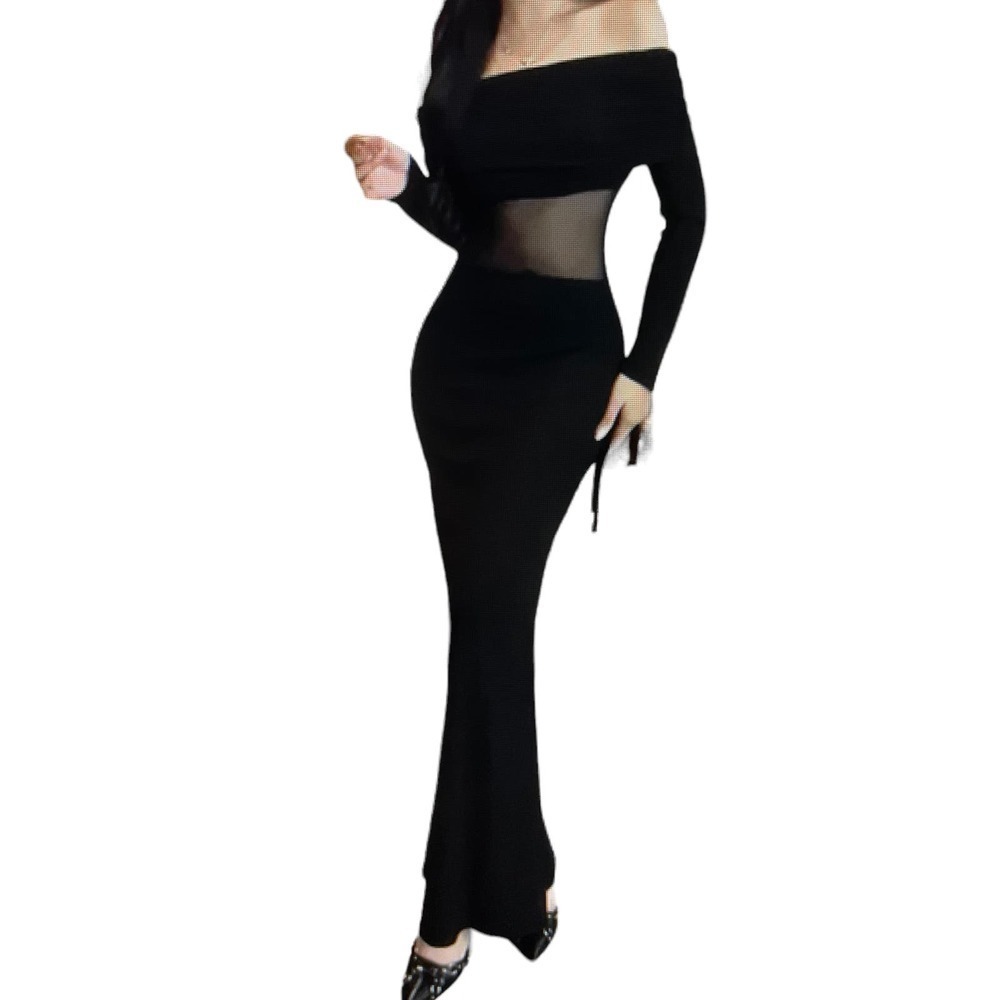 Overfold Bodycon Off-Shoulder Mesh Midriff Long Sleeve Long Dress Black XL